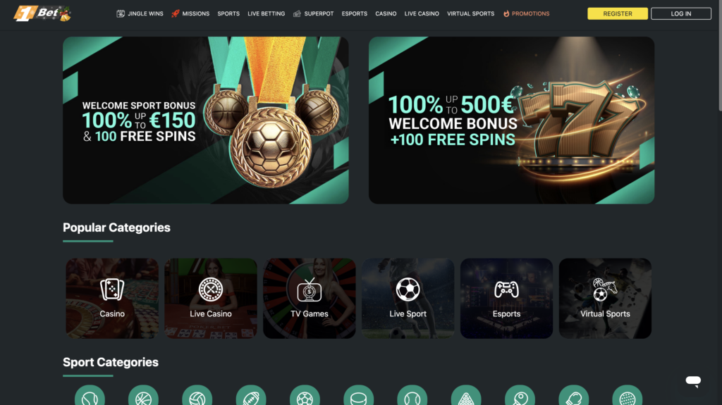 1bet casino main page interface